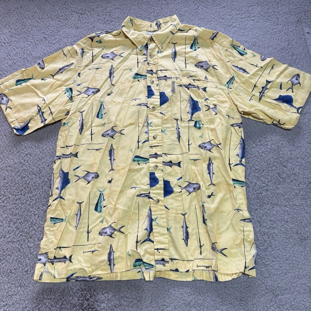 Columbia Men's Button Down Shirt Fish Print Yellow Men's Size Large Vintage